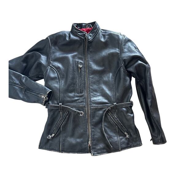 Harley Davidson Vintage Leather Moto Jacket M w/ Embroidery & Red Lining - Picture 1 of 4